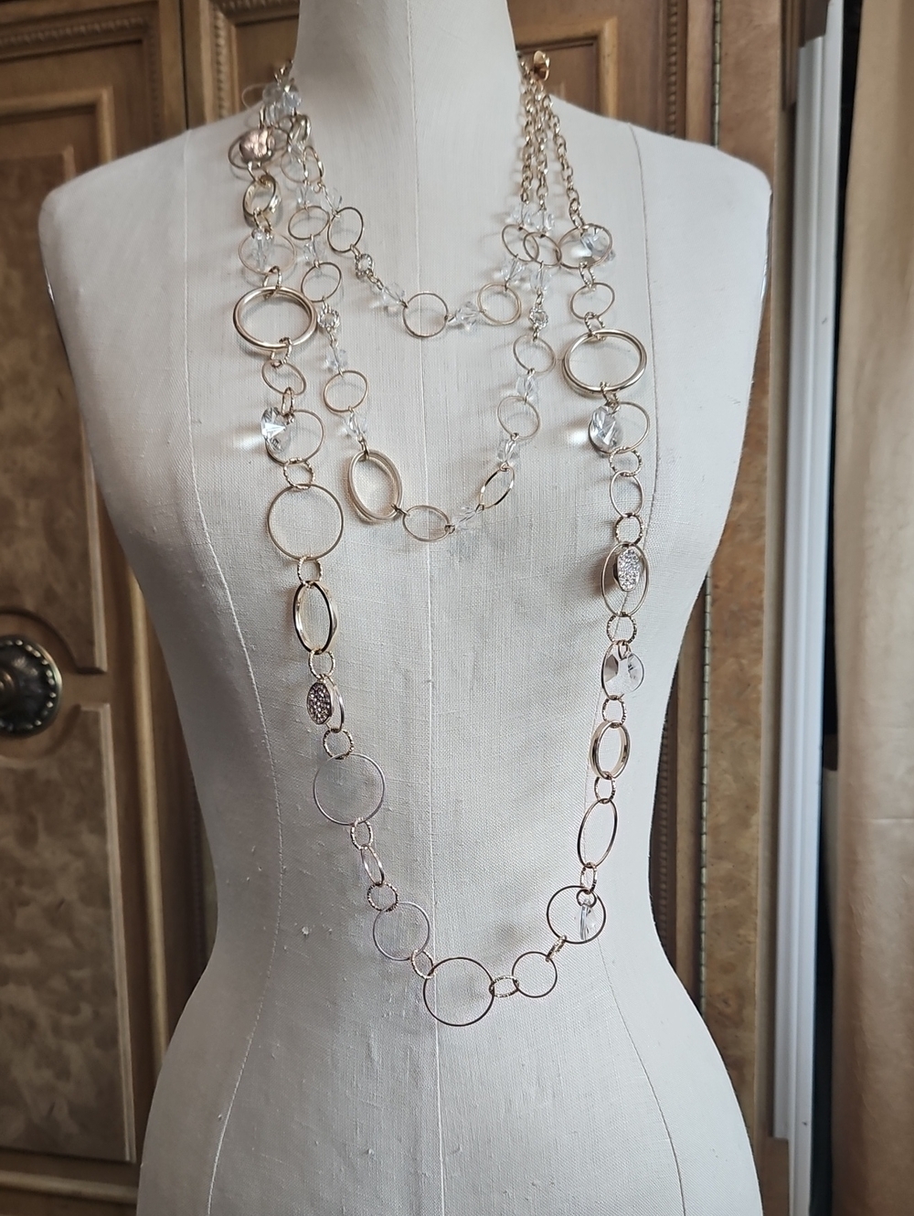 White House Black Market Gold-Tone Multi Circle Long Necklace with Clear Accents